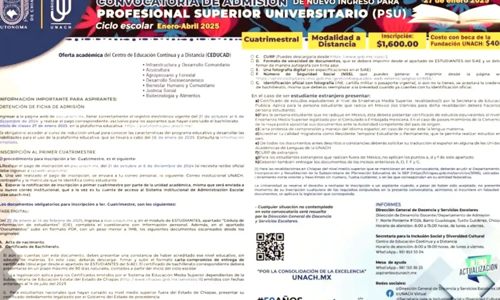 Convocatoria abierta para el PSU de la UNACH sin examen de admisión