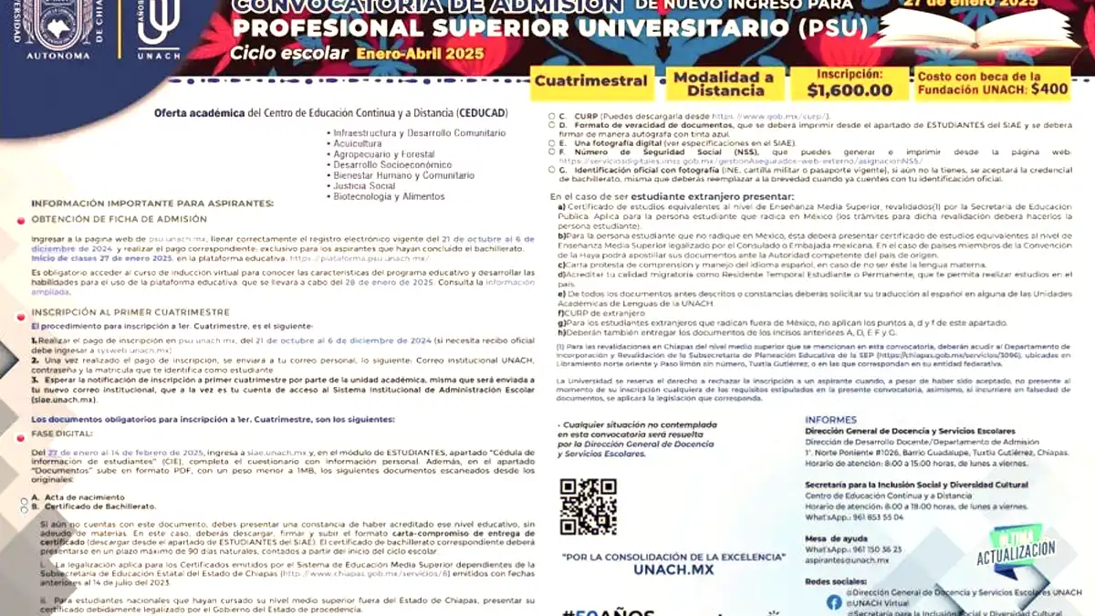 Convocatoria abierta para el PSU de la UNACH sin examen de admisión