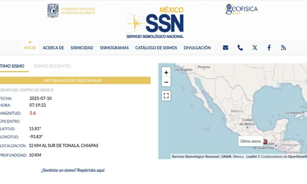 Sismo provoca temblor en Chiapas la mañana del 10 de julio sin causar daños