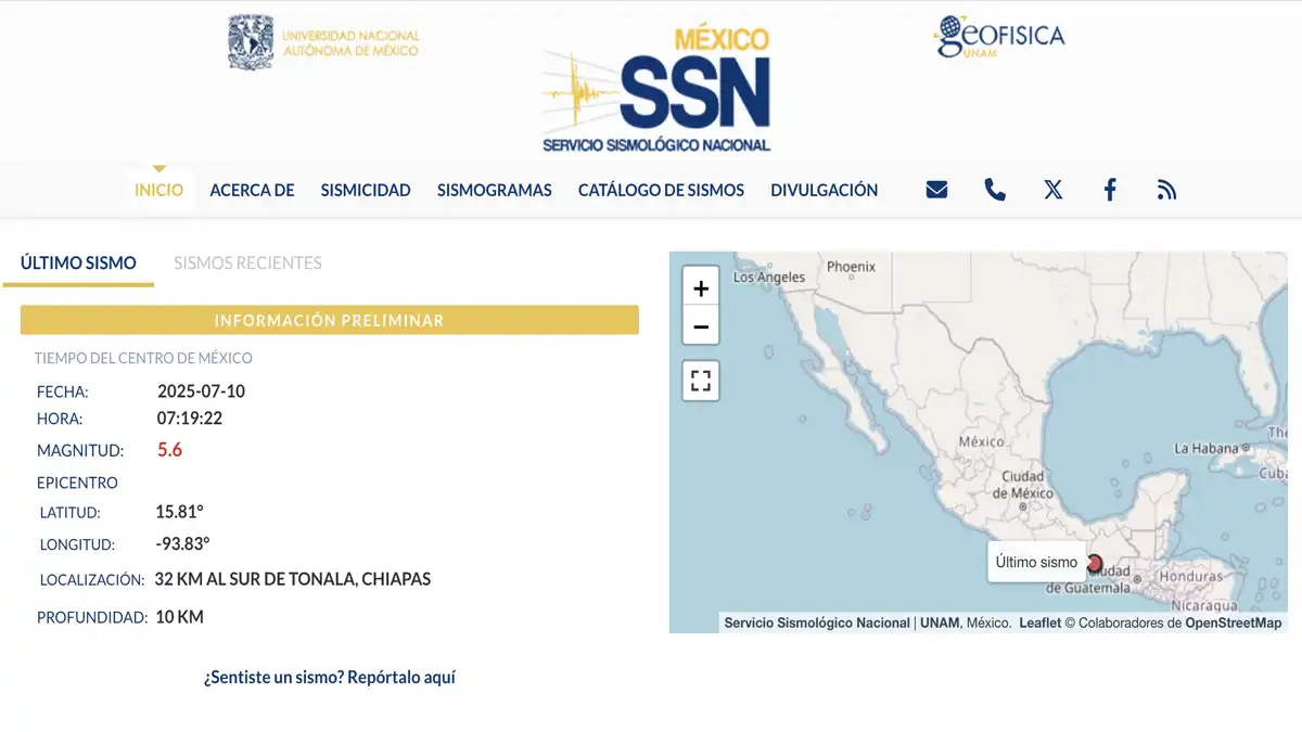 Sismo provoca temblor en Chiapas la mañana del 10 de julio sin causar daños